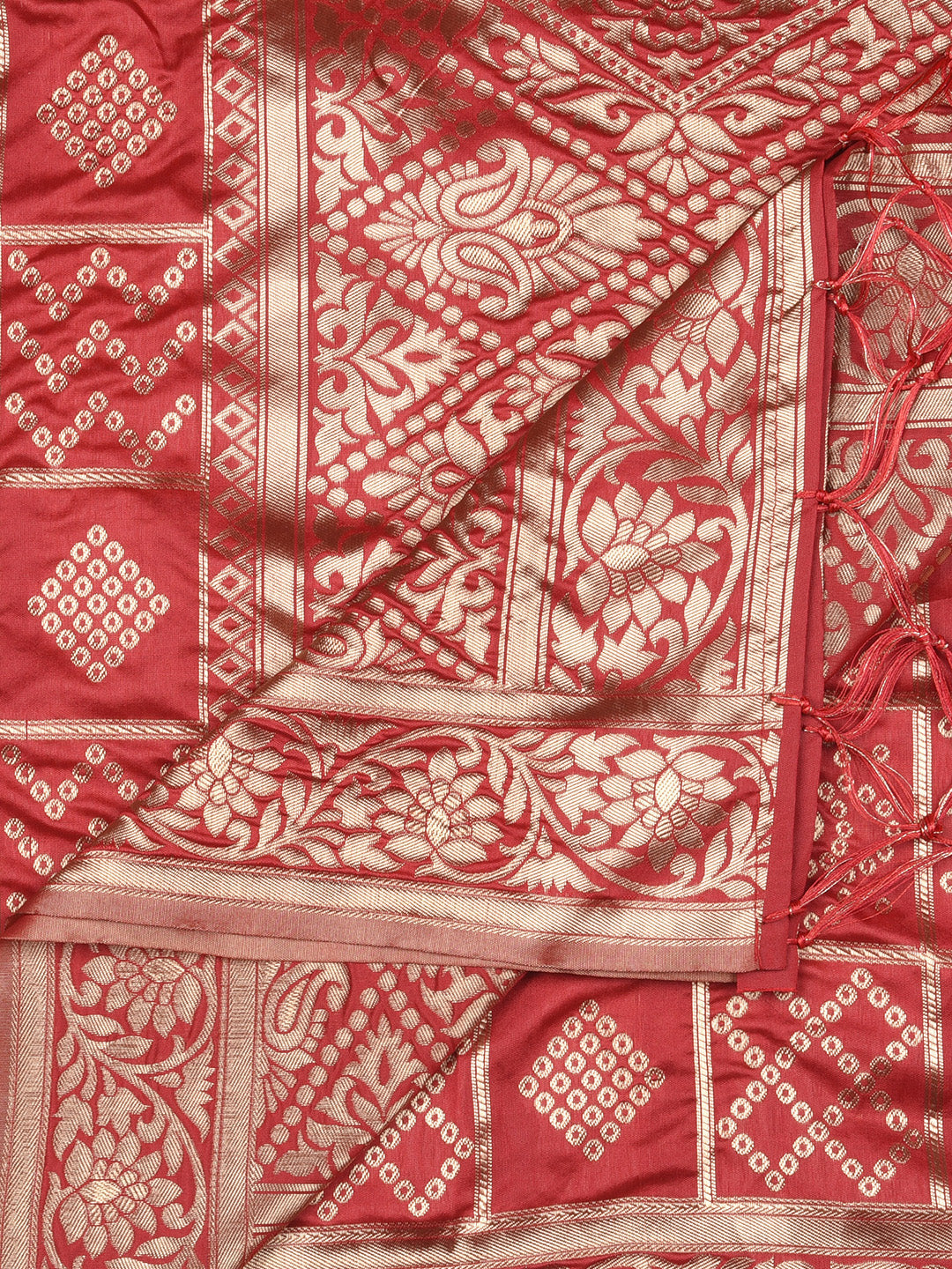 Dupatta Bazaar Woman's Red Banarasi Silk Dupatta with Bhandej design. - Dupatta Bazaar
