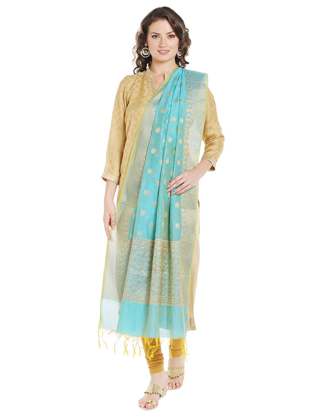 Dupatta Bazaar Women's Benarasi Silk Woven Blue & Gold dupatta - Dupatta Bazaar