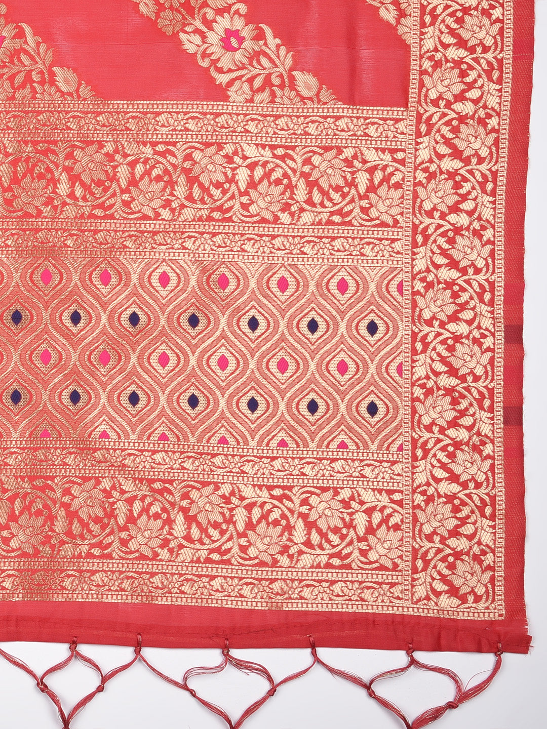 Dupatta Bazaar Woman's Red Banarasi Silk Dupatta with floral design. - Dupatta Bazaar