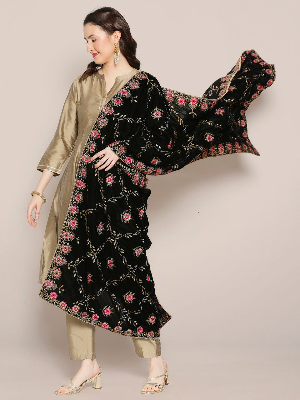 Black Velvet Dupatta with Pink Jaal Embroidery freeshipping - Dupatta Bazaar