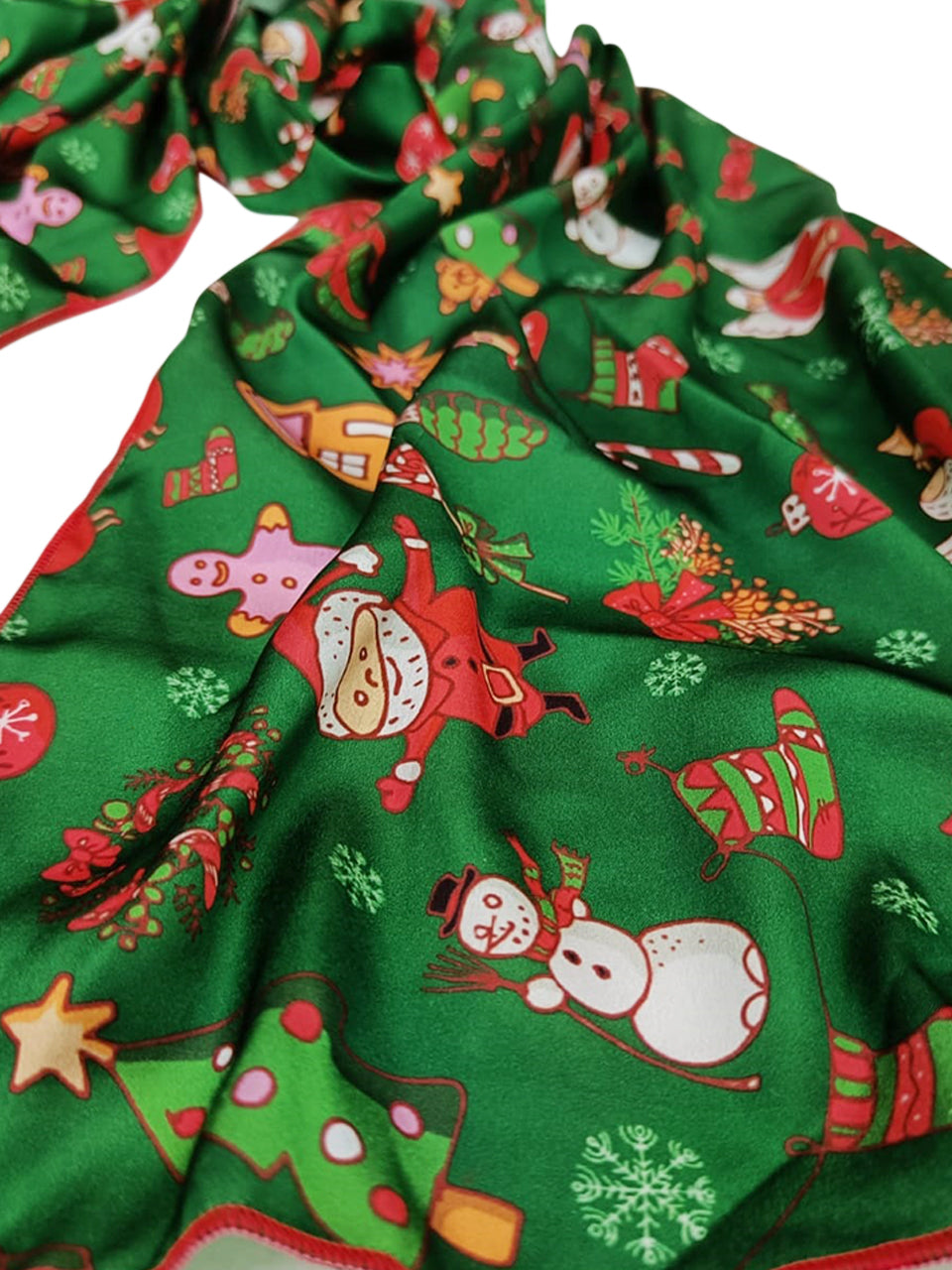 Printed Green Satin Christmas Holiday Scarf/ Stole 