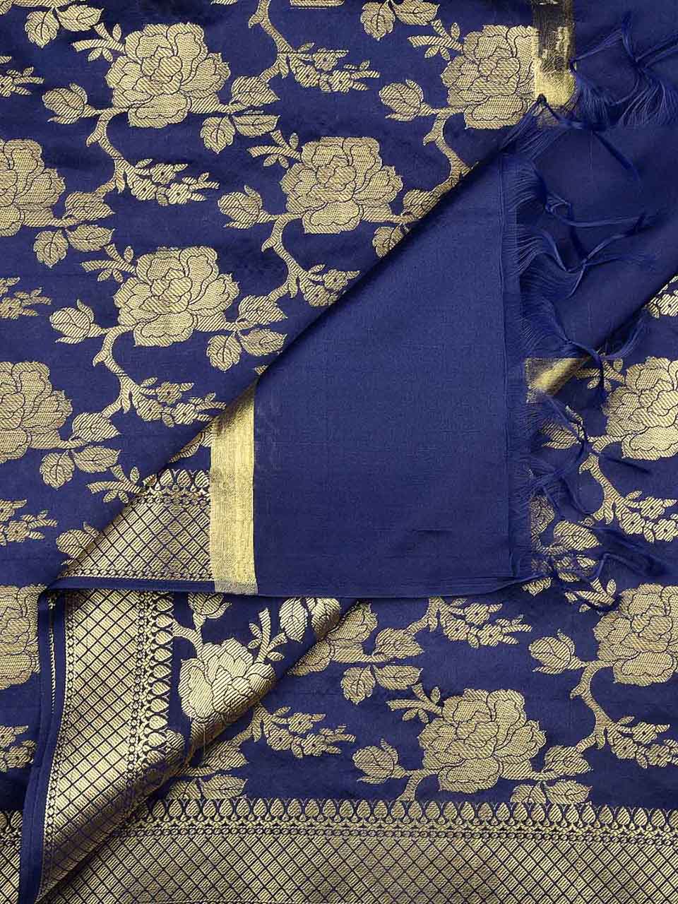 Banarasi Navy Blue Silk Dupatta with Floral Jaal freeshipping - Dupatta Bazaar