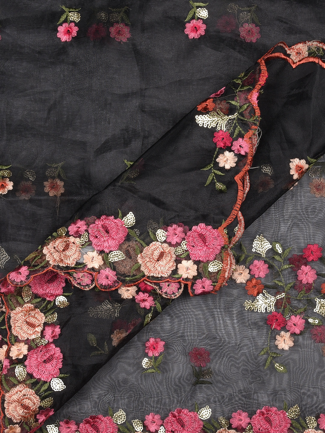 Dupatta Bazaar Woman's Black Organza Dupatta with Multicolor Floral Embroidery - Dupatta Bazaar
