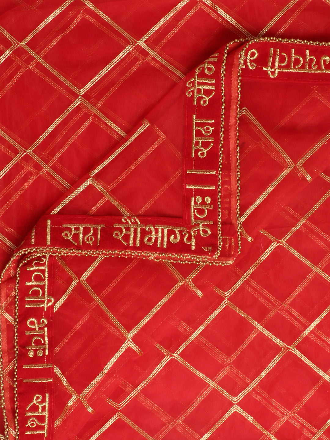 Red Bridal Sada Saubhagyavati Bhav Organza Dupatta freeshipping - Dupatta Bazaar