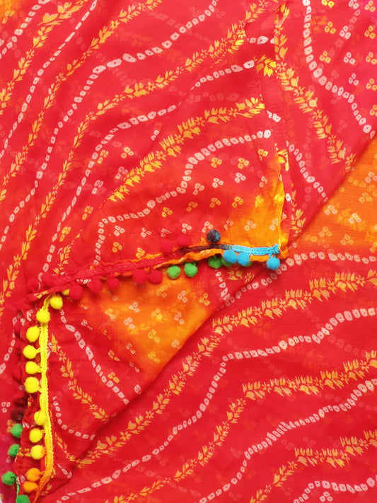 Multicoloured Bandhini Printed chiffon Dupatta with Pompom freeshipping - Dupatta Bazaar