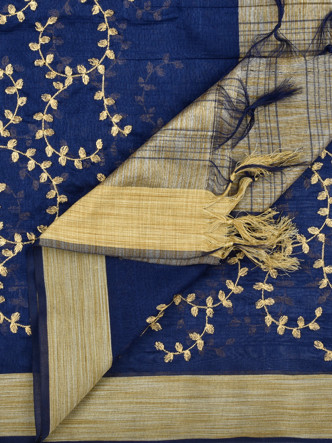 Navy Blue Embroidered Blended Silk Dupatta freeshipping - Dupatta Bazaar