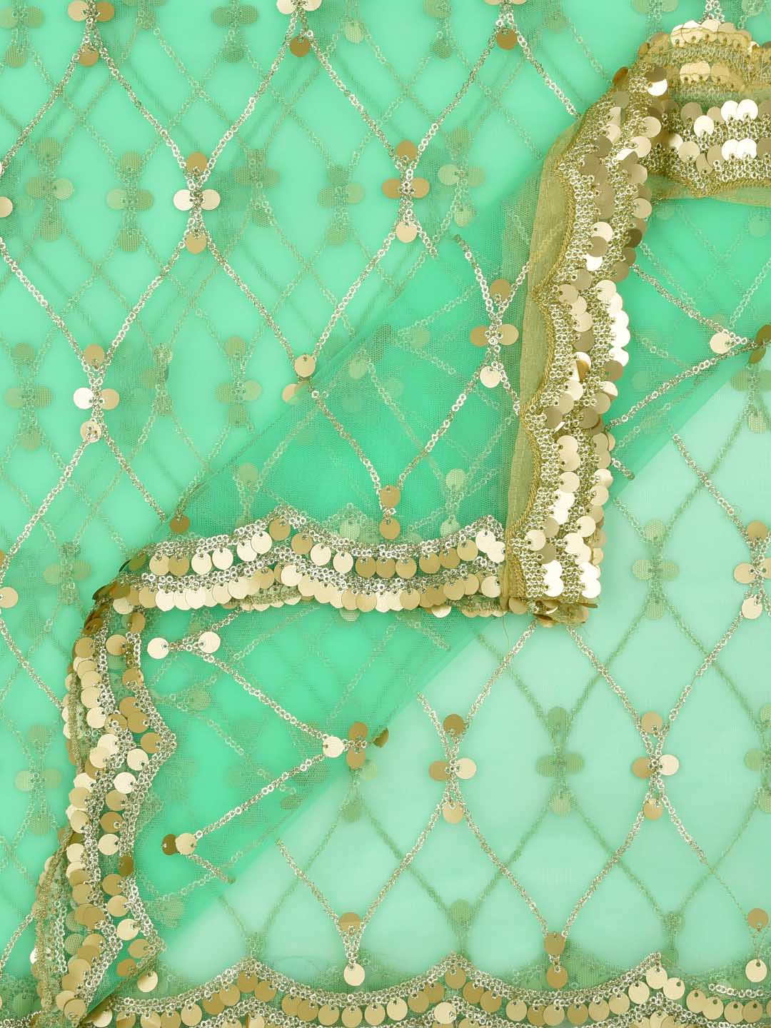 Sea Green Embellished Net Dupatta with Scalloped Border freeshipping - Dupatta Bazaar