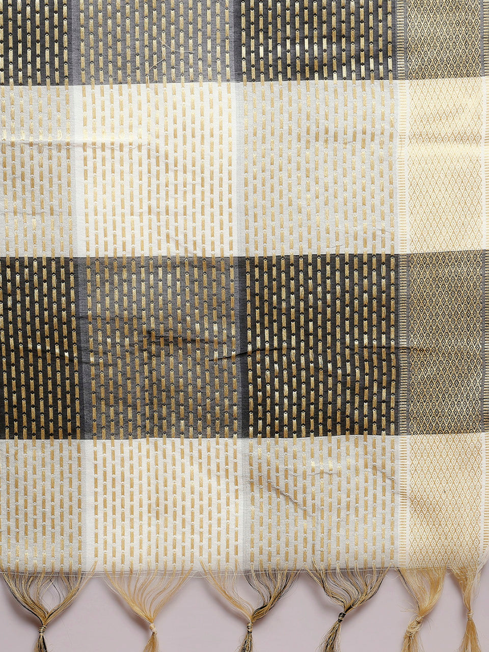 Cream & Black Checkered Dupatta with Polka dots freeshipping - Dupatta Bazaar