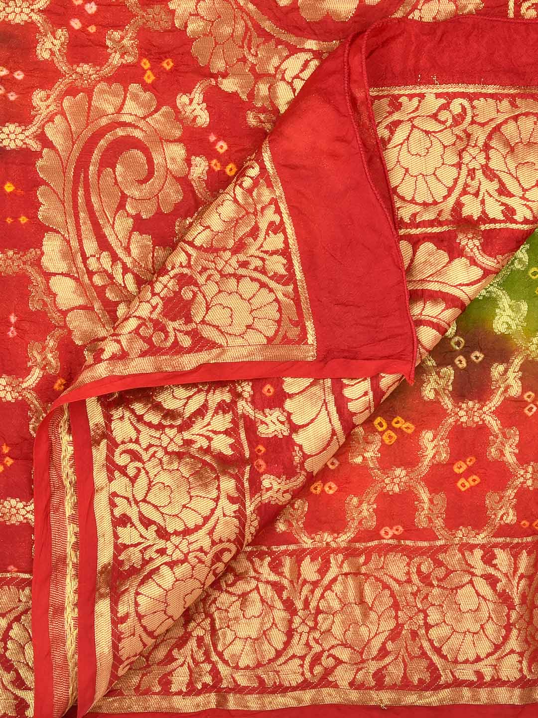 Red, Green Banarasi Bandhej Gharchola Silk Dupatta freeshipping - Dupatta Bazaar