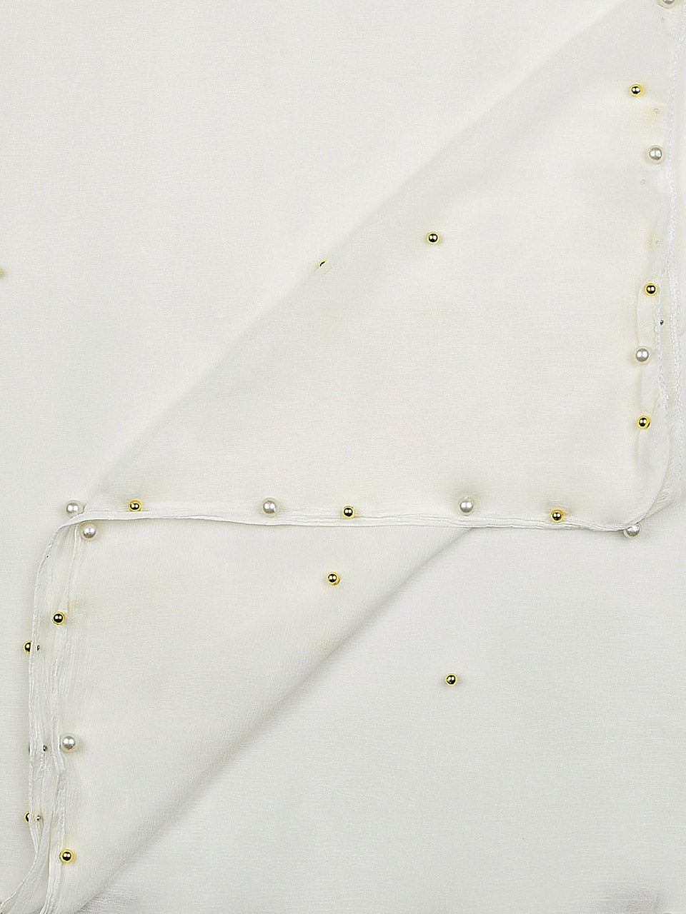 Offf White Chiffon Dupatta  with Pearls & Beads freeshipping - Dupatta Bazaar