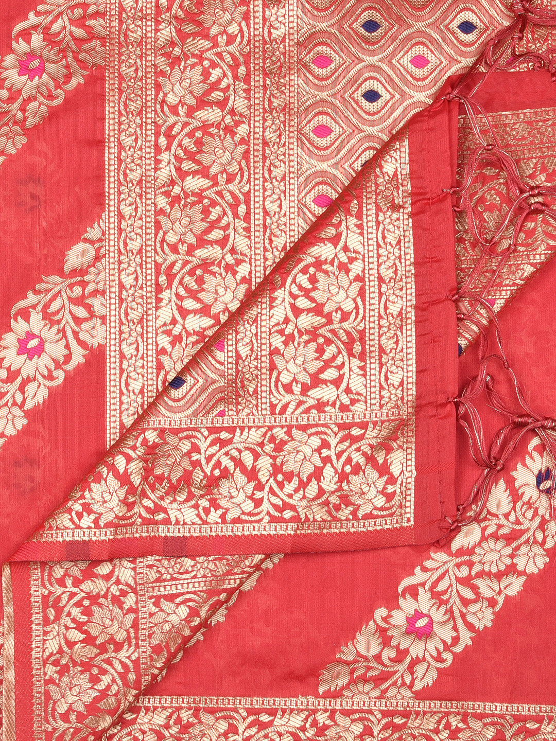 Dupatta Bazaar Woman's Red Banarasi Silk Dupatta with floral design. - Dupatta Bazaar