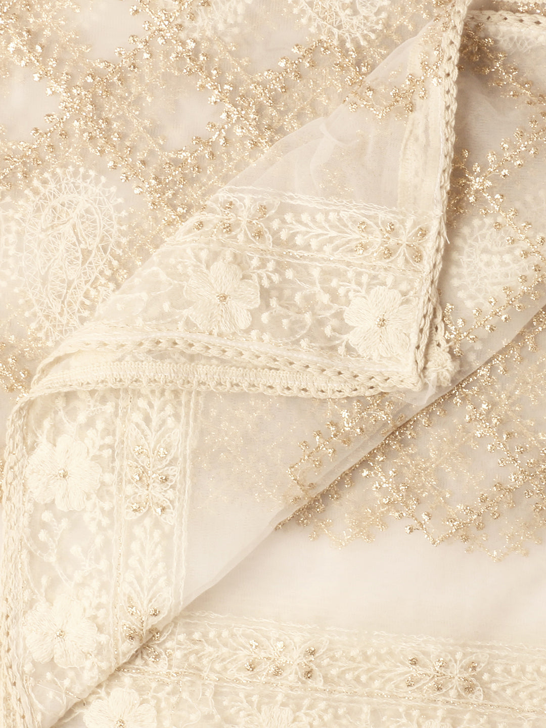 Cream Lucknowi Net Dupatta with Gold Embroidery freeshipping - Dupatta Bazaar