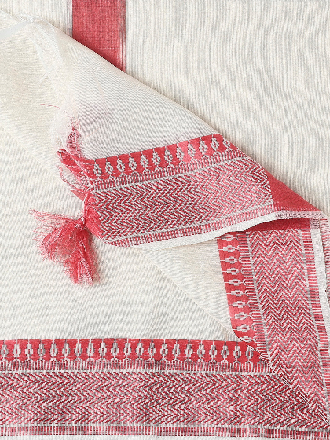 Off White Handloom Cotton Dupatta with Red border freeshipping - Dupatta Bazaar