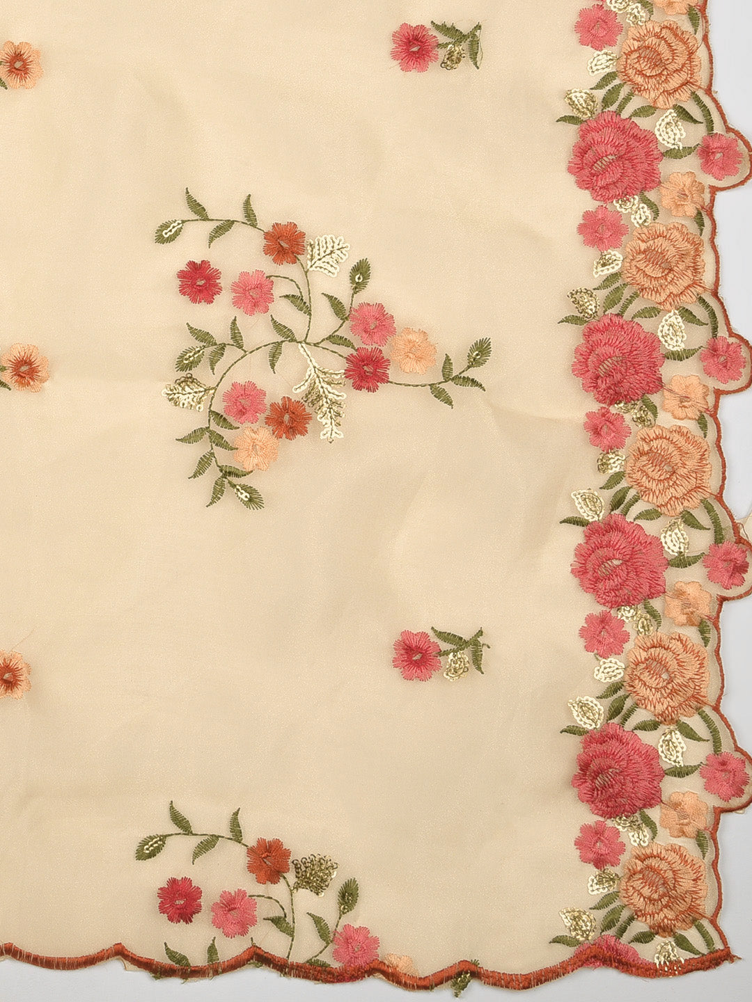 Dupatta Bazaar Woman's Golden Organza Dupatta with Multicolor Floral Embroidery - Dupatta Bazaar