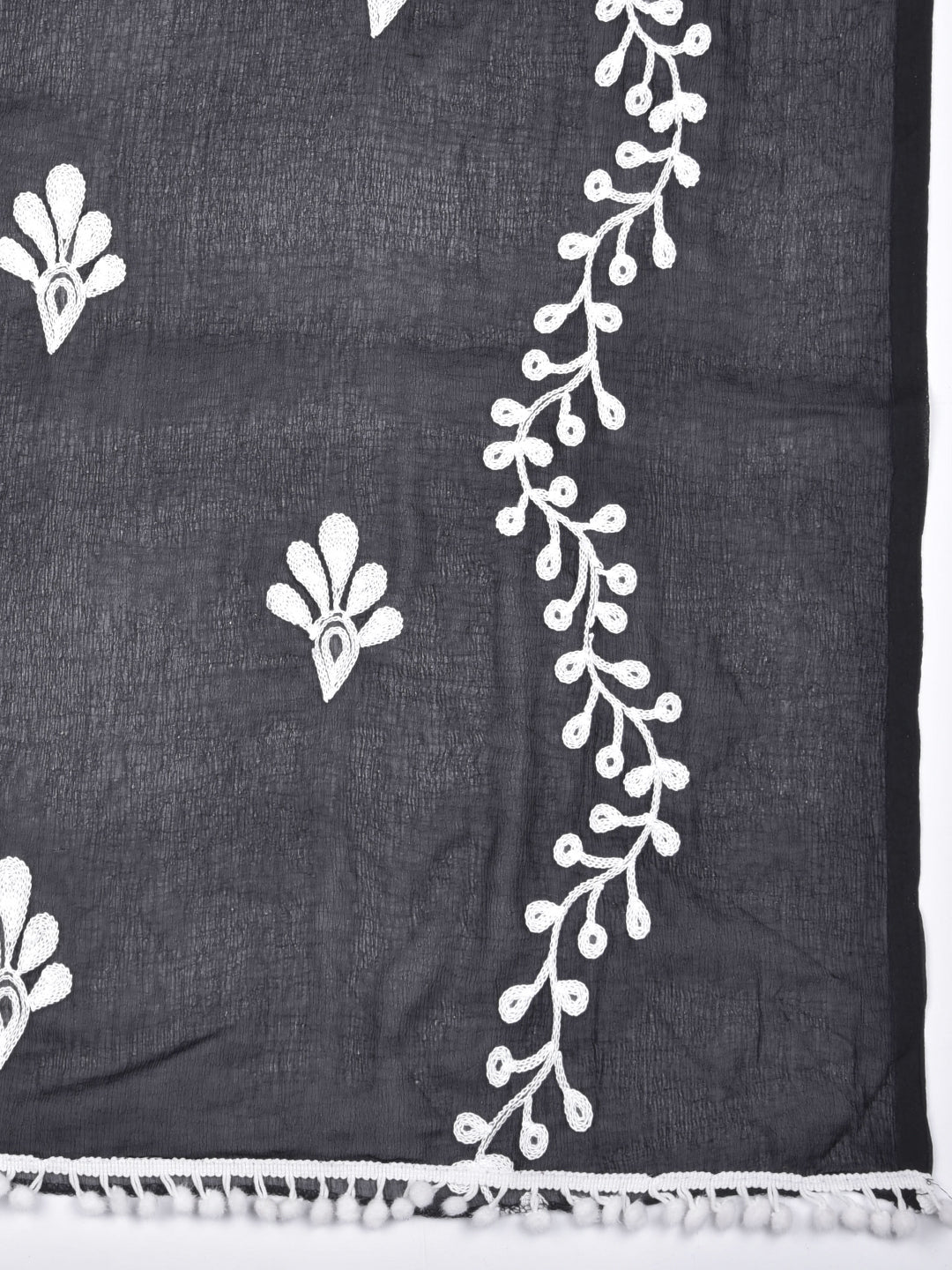 Dupatta Bazaar Woman's Black chiffon dupatta white embroidery - Dupatta Bazaar