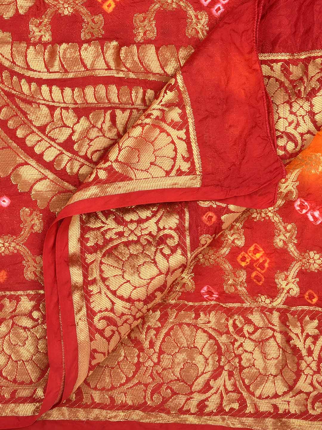 Red & Yellow Banarasi Bandhej Gharchola Silk Dupatta freeshipping - Dupatta Bazaar