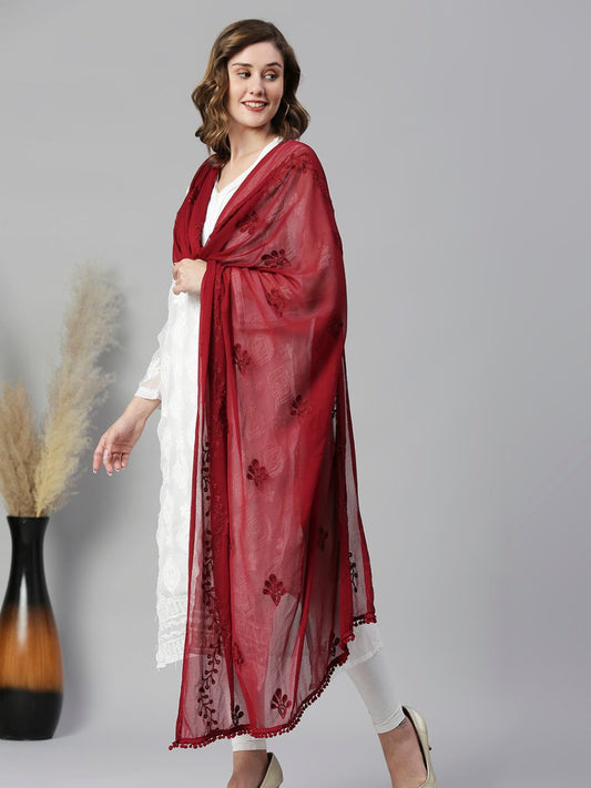 Maroon Embroidered Chiffon Dupatta with Pom Pom lace