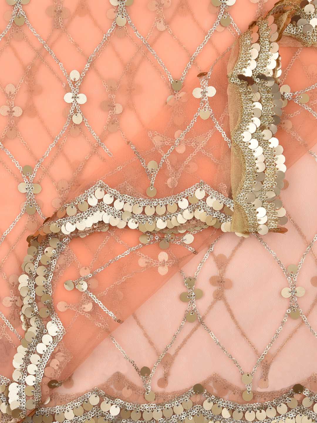 Peach Embellished Net Dupatta with Scalloped Border freeshipping - Dupatta Bazaar