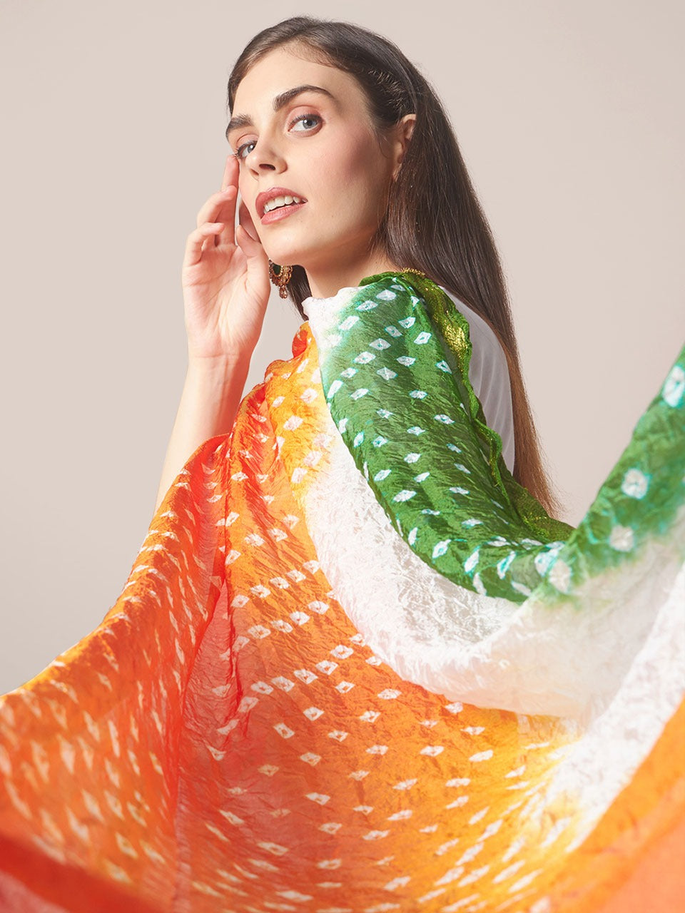 Tri Colour Tiranga Bandhini Silk Dupatta Stole 2meters(Independence Day/Republic Day) freeshipping - Dupatta Bazaar