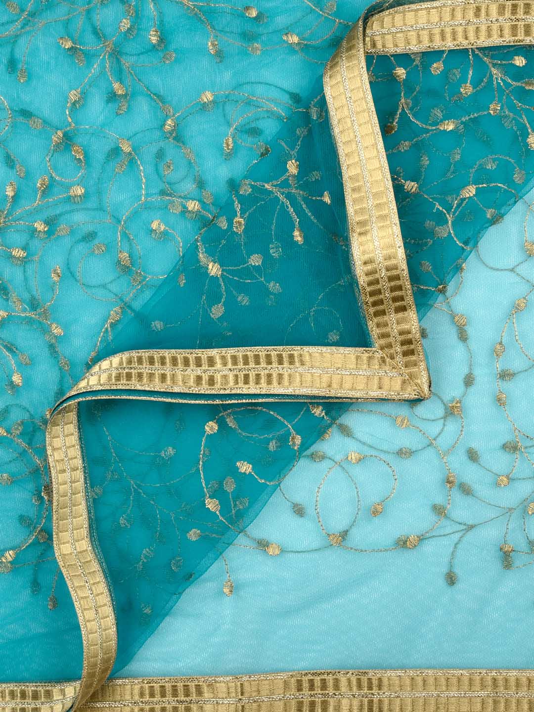 Rama Green & Gold Embroidered Net Dupatta freeshipping - Dupatta Bazaar