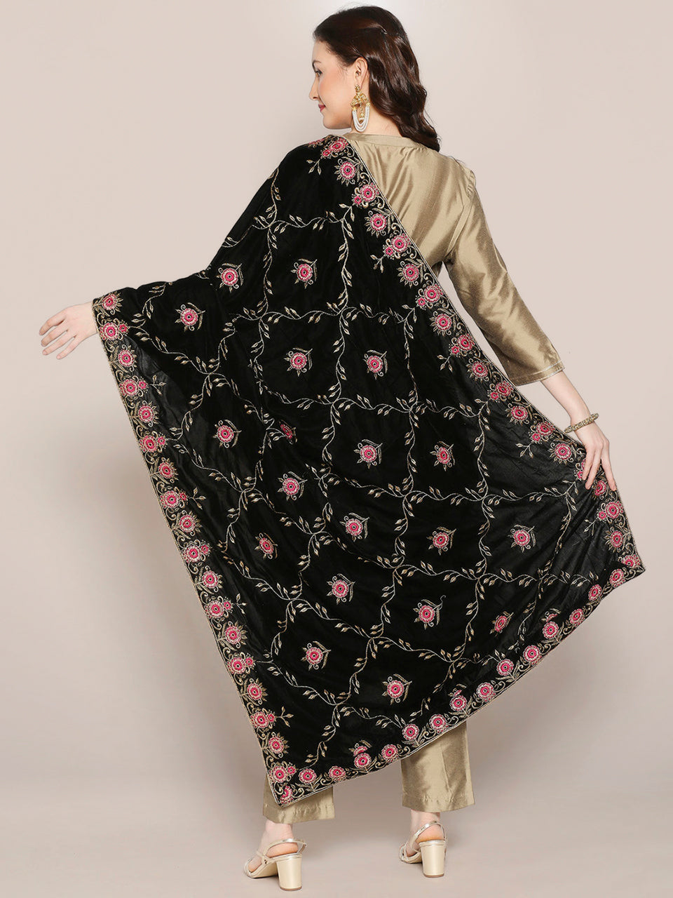 Black Velvet Dupatta with Pink Jaal Embroidery freeshipping - Dupatta Bazaar