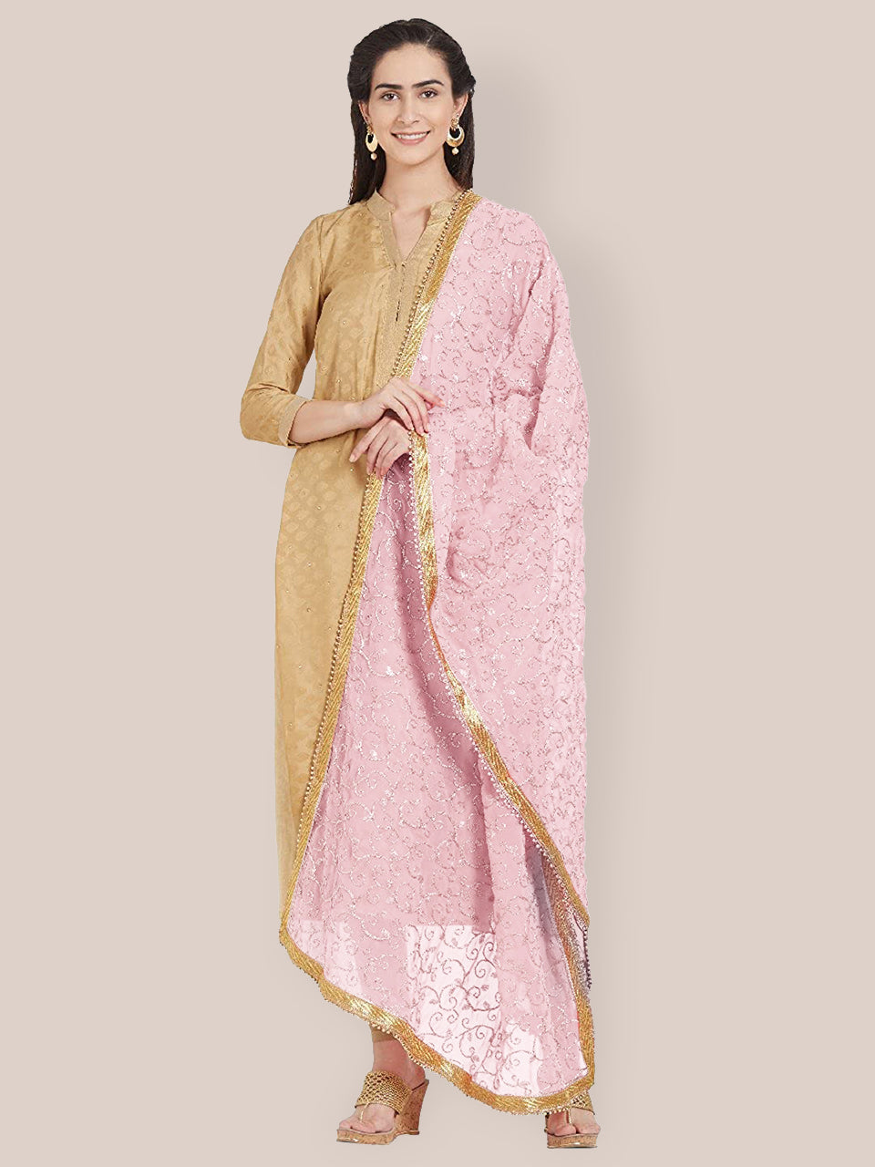 Rose Pink Embroidered Georgette Dupatta freeshipping - Dupatta Bazaar