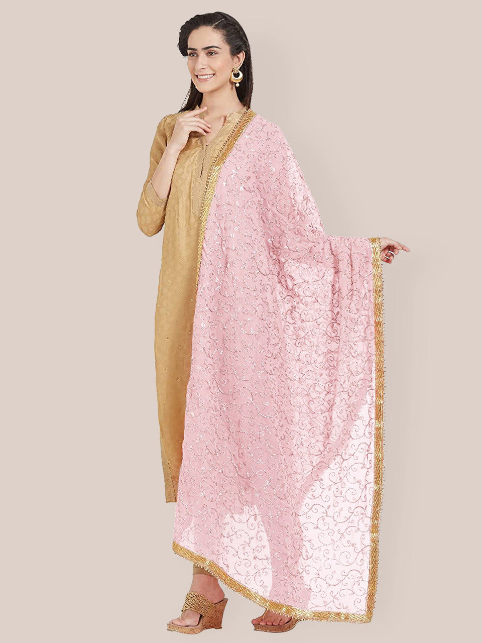Rose Pink Embroidered Georgette Dupatta freeshipping - Dupatta Bazaar