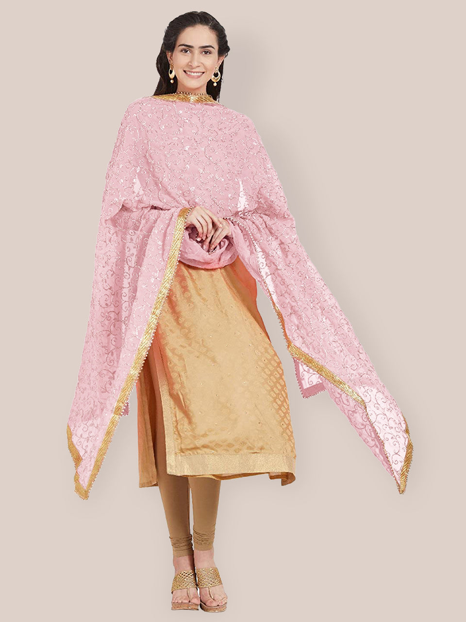 Rose Pink Embroidered Georgette Dupatta freeshipping - Dupatta Bazaar