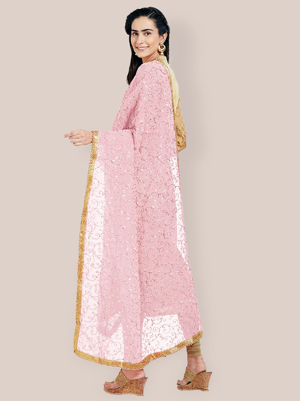 Rose Pink Embroidered Georgette Dupatta freeshipping - Dupatta Bazaar
