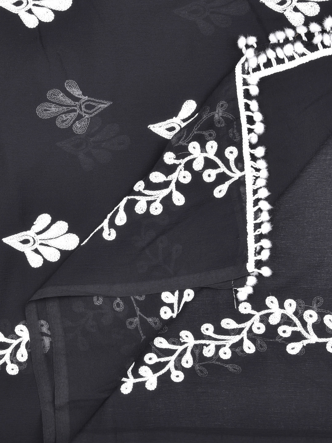 Dupatta Bazaar Woman's Black chiffon dupatta white embroidery - Dupatta Bazaar