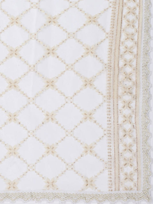 Floral Embroidered Off White & Gold Net Dupatta