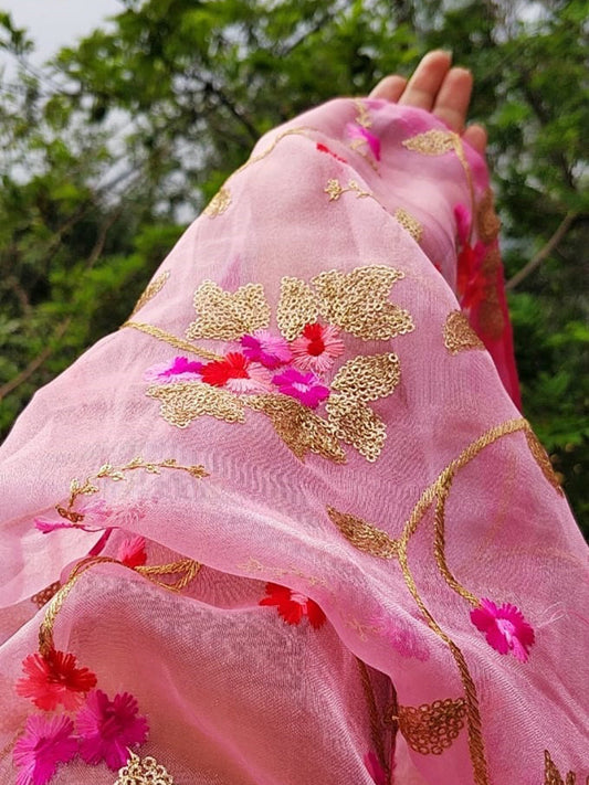 Pink Organza Dupatta with floral Embroidery freeshipping - Dupatta Bazaar