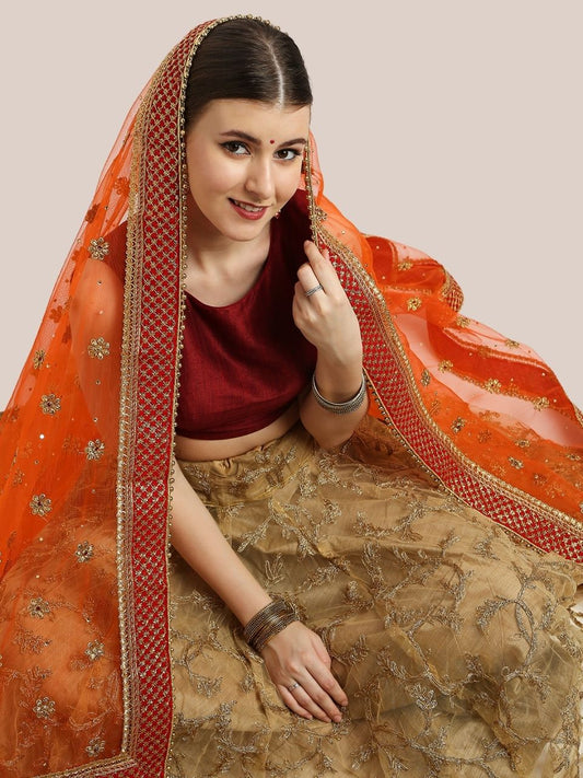 Embroidered Orange Bridal/Wedding Wear Net Dupatta