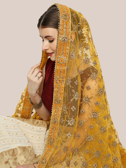 Heavily Embroidered Bridal & Wedding Wear Net Mustard Dupatta