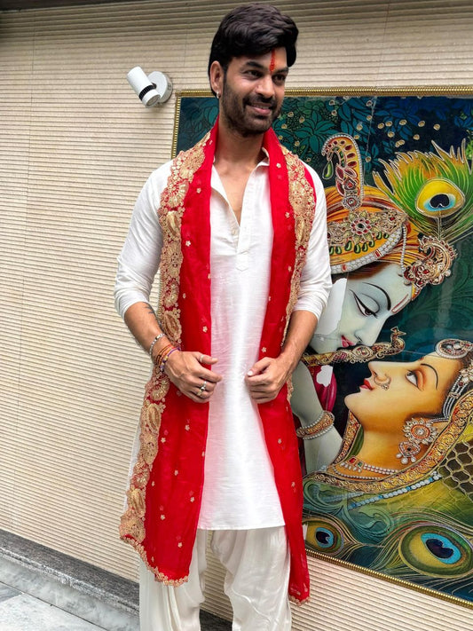 Men's Embroidered Red Organza Dupatta for Kurta/Sherwani/Achkan