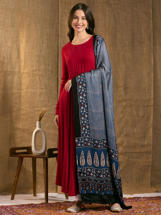 Indigo Modal Silk handblock Printed Ajrakh Dupatta