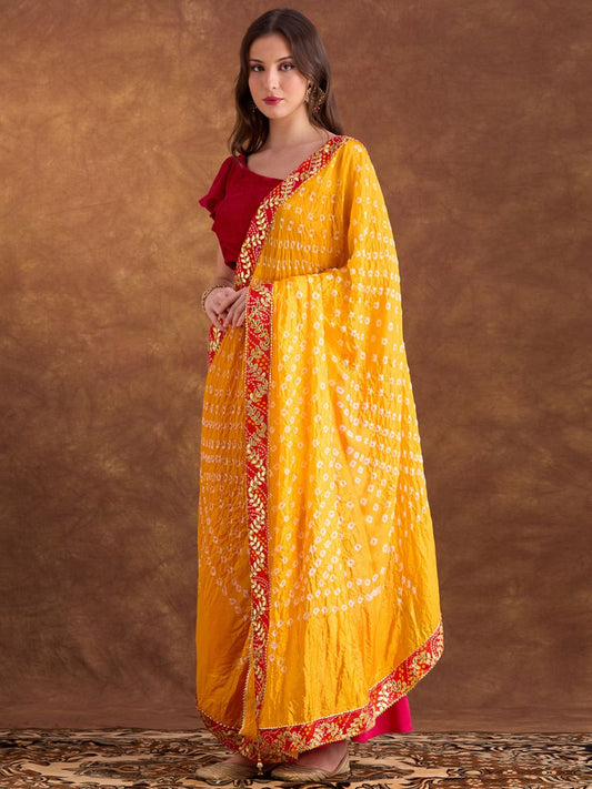Mango Yellow Bandhini Silk dupatta with Gotta Patti Border