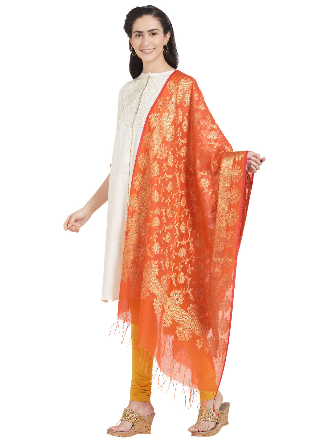 Dupatta Bazaar Woman's Orange & Gold Woven Banarasi Silk Dupatta - Dupatta Bazaar