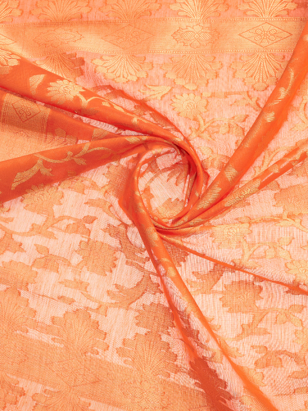 Dupatta Bazaar Woman's Orange & Gold Woven Banarasi Silk Dupatta - Dupatta Bazaar
