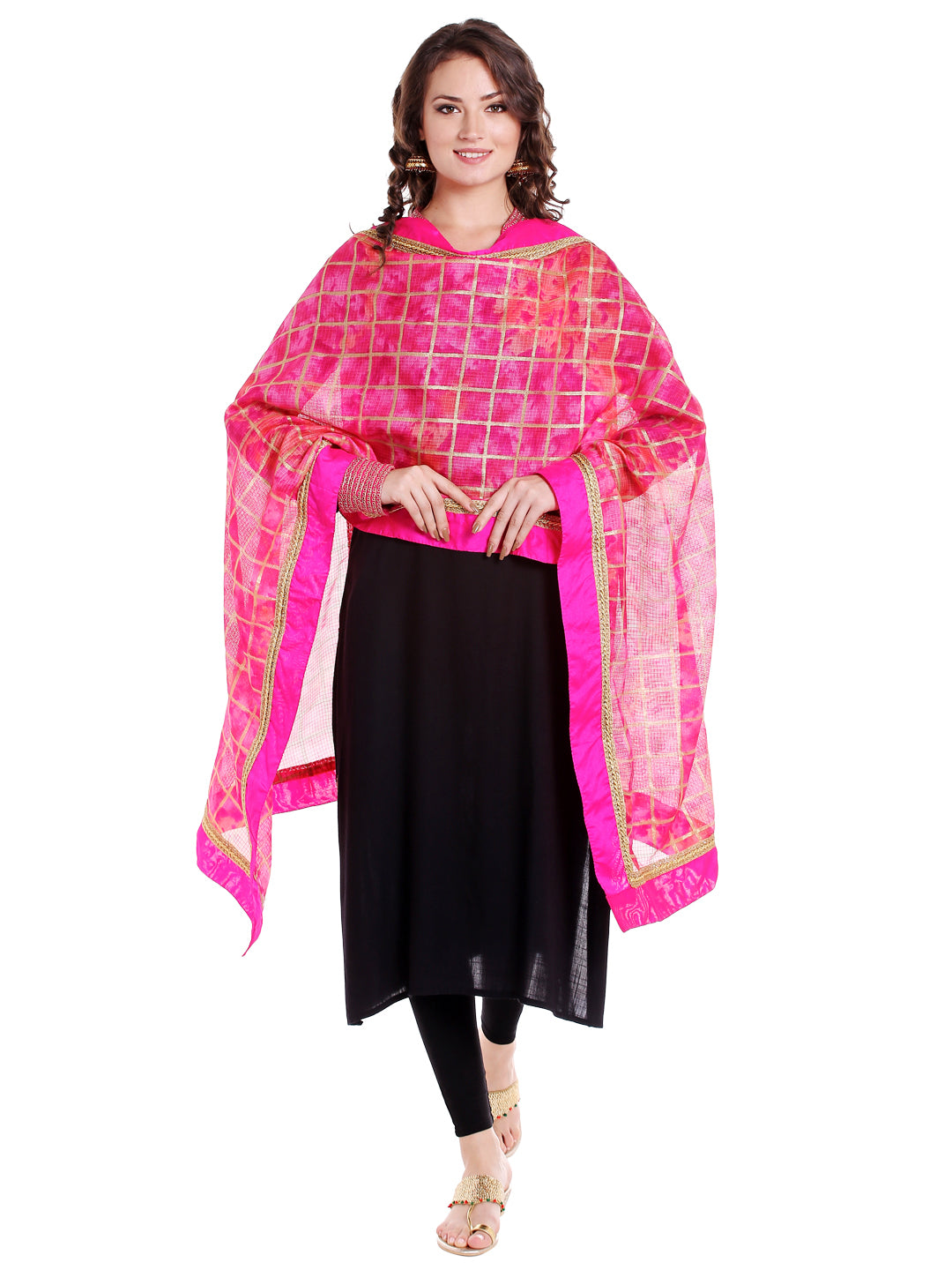 Dupatta Bazaar Women's Pink Gold Kota Doria Dupatta - Dupatta Bazaar