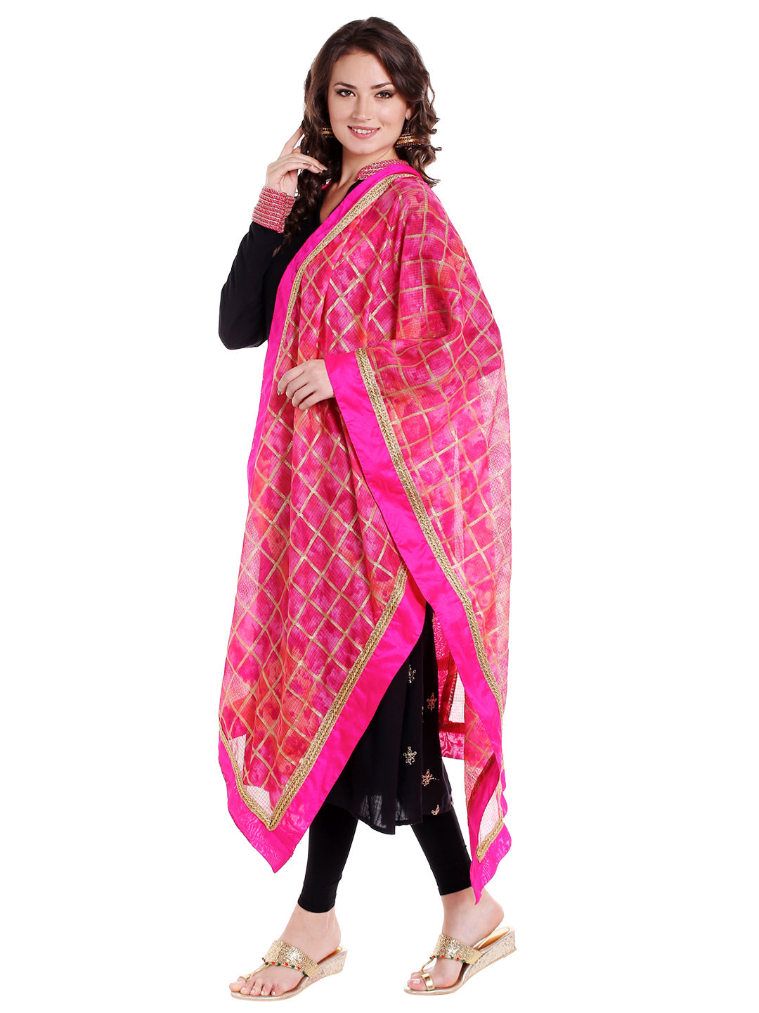 Dupatta Bazaar Women's Pink Gold Kota Doria Dupatta - Dupatta Bazaar