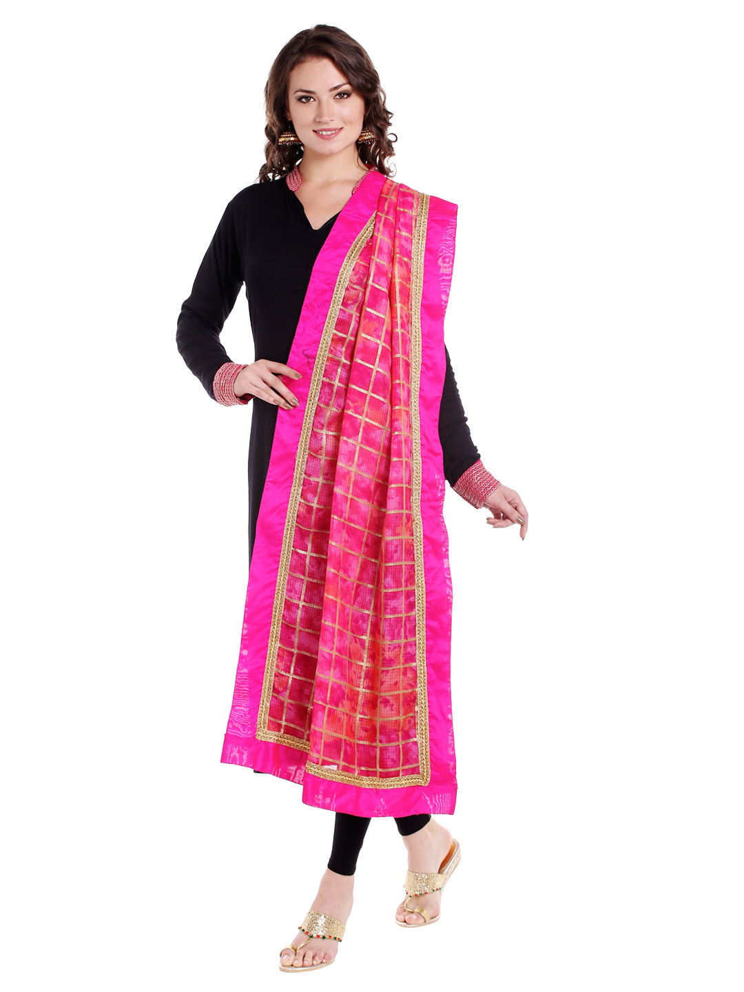 Dupatta Bazaar Women's Pink Gold Kota Doria Dupatta - Dupatta Bazaar