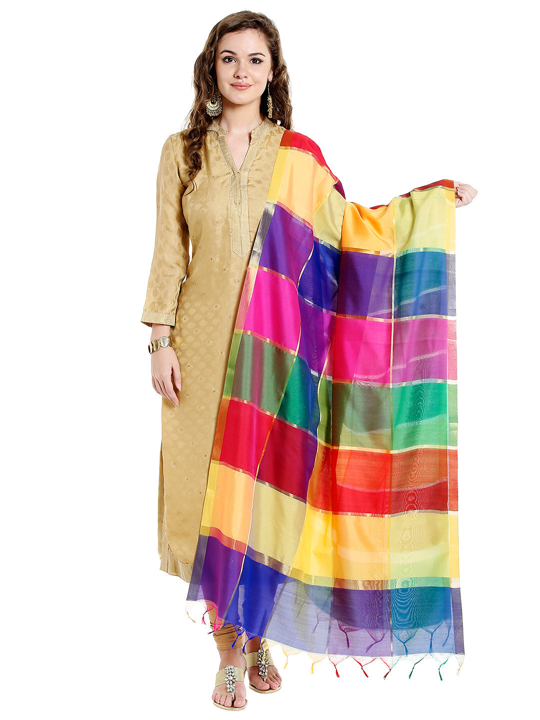 Dupatta Bazaar Woman's Multicoloured Checkered Banarasi Silk Dupatta - Dupatta Bazaar