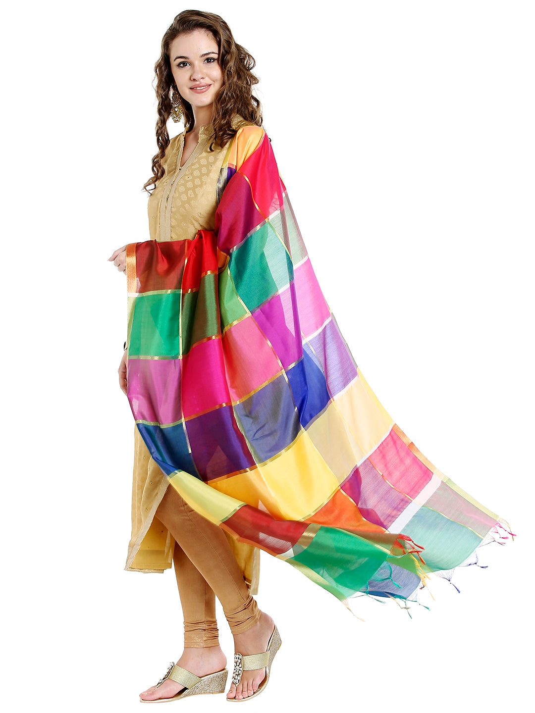Dupatta Bazaar Woman's Multicoloured Checkered Banarasi Silk Dupatta - Dupatta Bazaar
