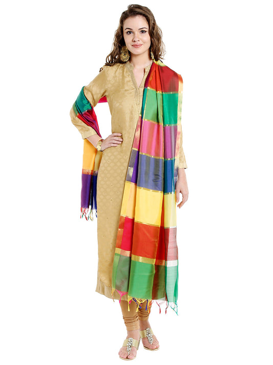 Dupatta Bazaar Woman's Multicoloured Checkered Banarasi Silk Dupatta - Dupatta Bazaar