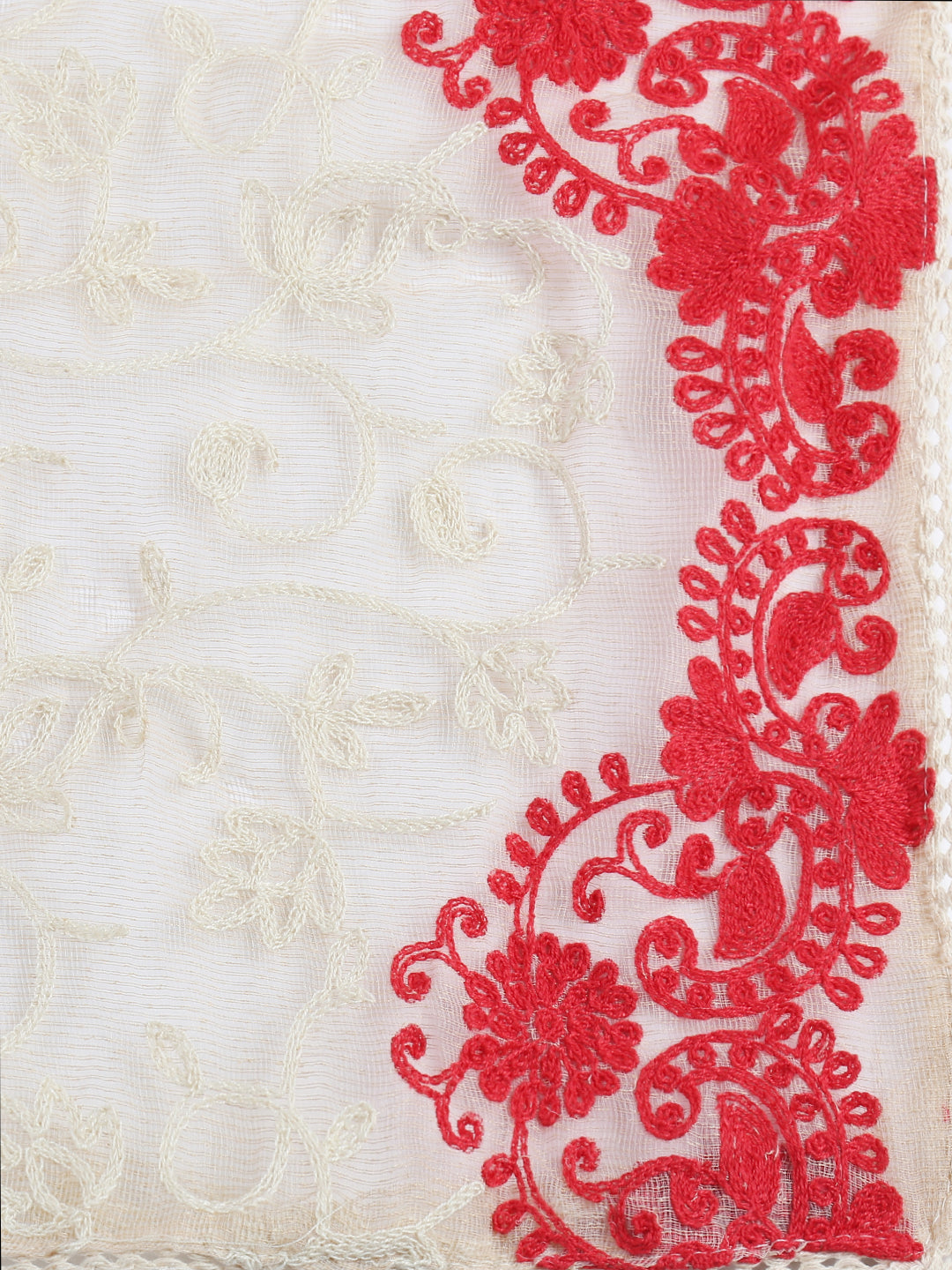Dupatta Bazaar Woman's Off White & Red Cotton Net Dupatta with all over Embroidery. - Dupatta Bazaar