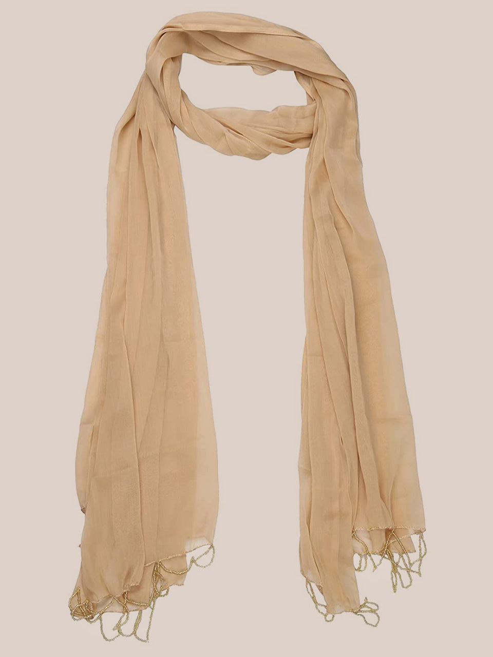 Beige Chiffon Beaded Lace Dupatta freeshipping - Dupatta Bazaar
