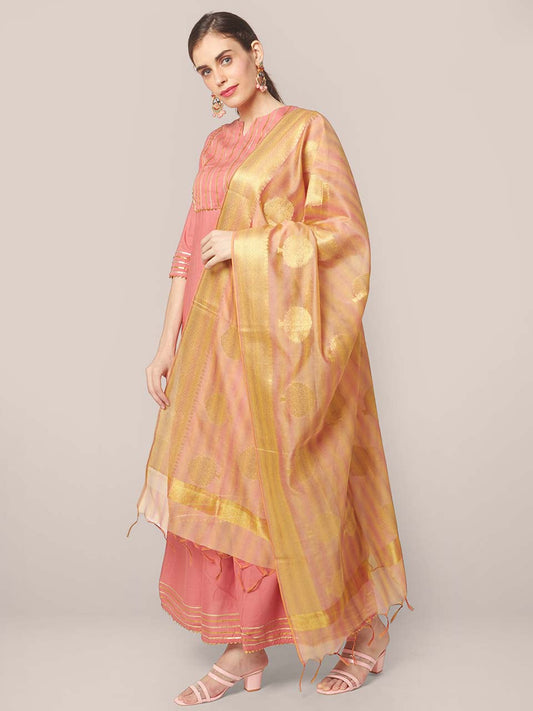 Chanderi Silk Beige & Lilac Dupatta with Woven Tree Motifs