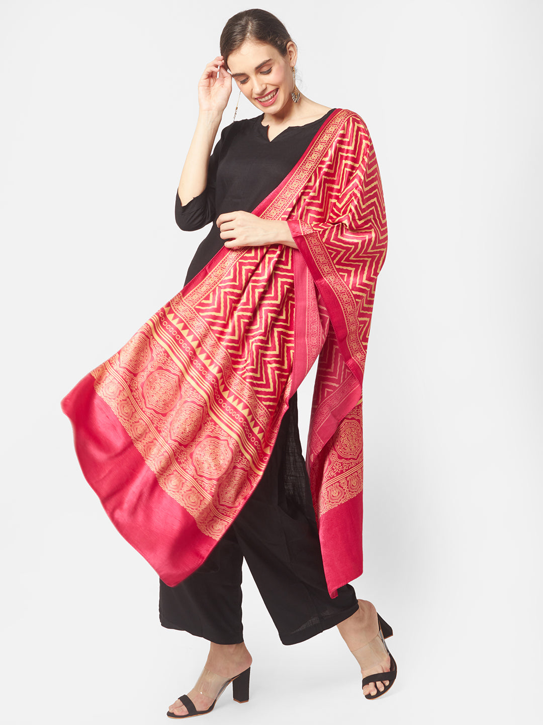 Pink Hand Block Print Mushru Stole freeshipping - Dupatta Bazaar