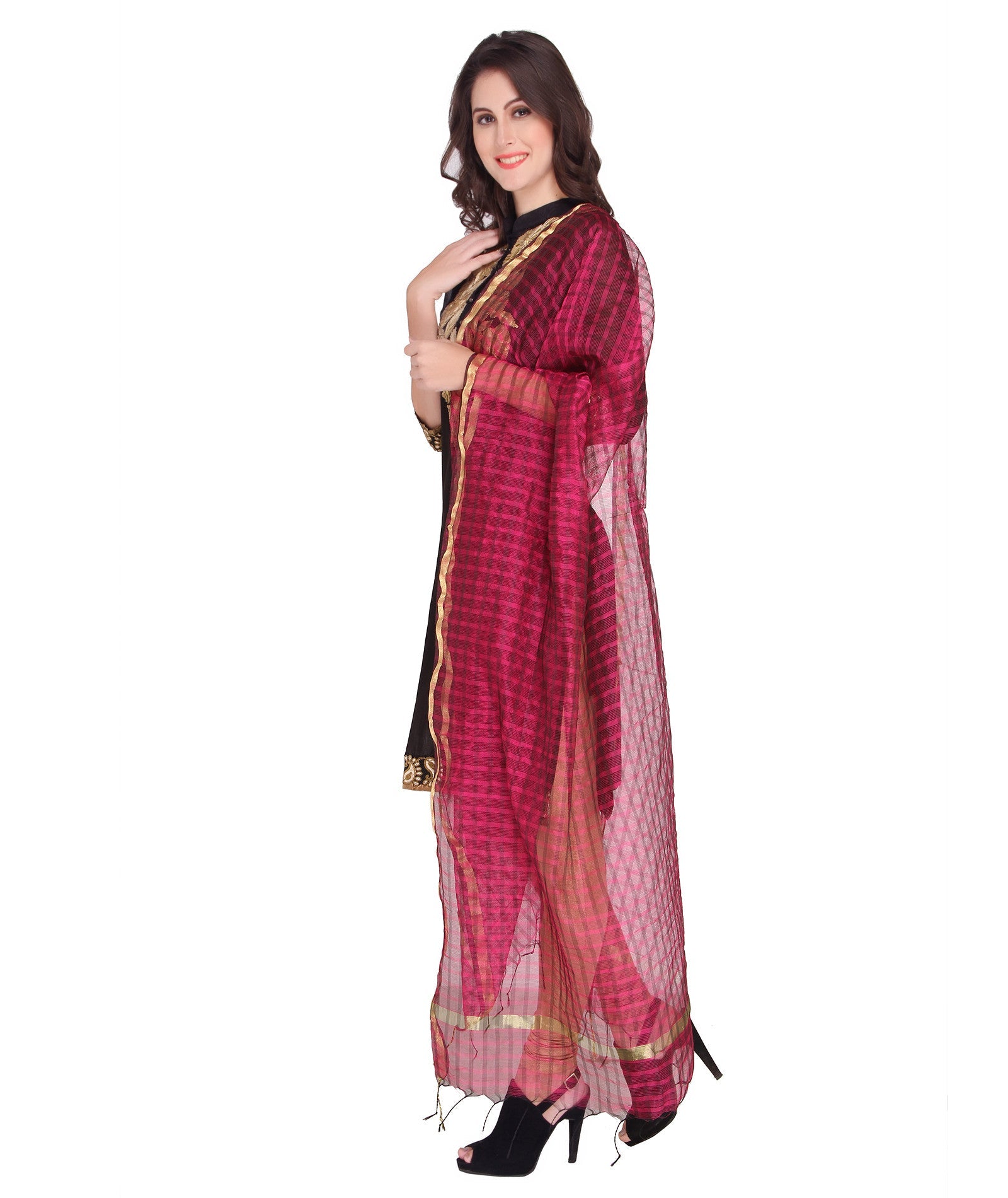 Magenta Silk Checkered Dupatta - Dupatta Bazaar